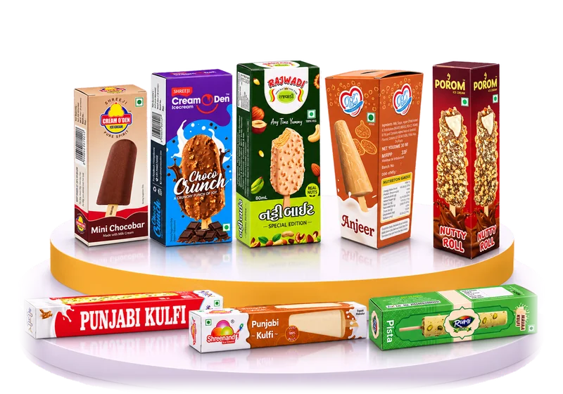 Candy boxes, kulfi boxes and Punjabi kulfi boxes on a display podium