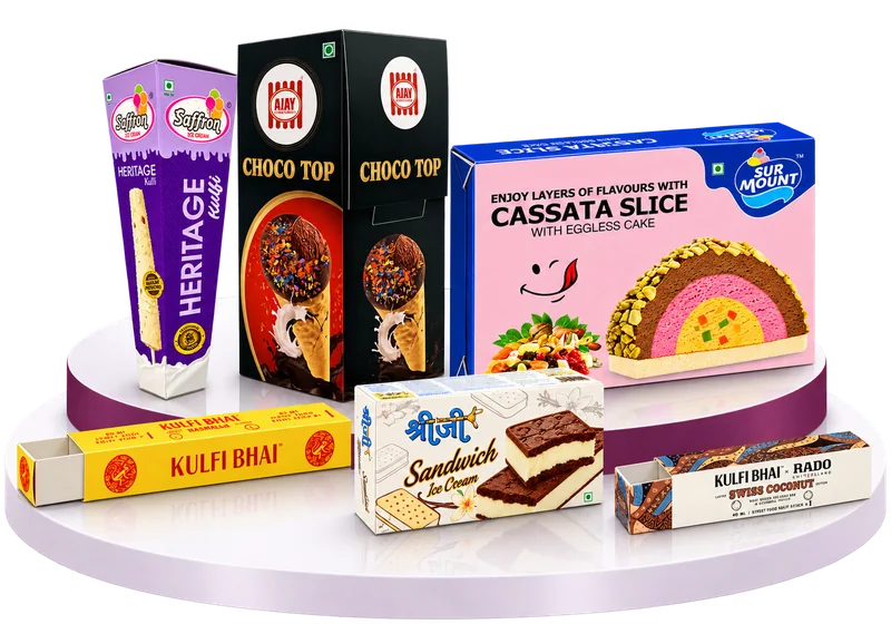 Premium boxes: Heritage kulfi, Choco Top, Cassata, Sandwich and Kulfi Bhai boxes on a display podium